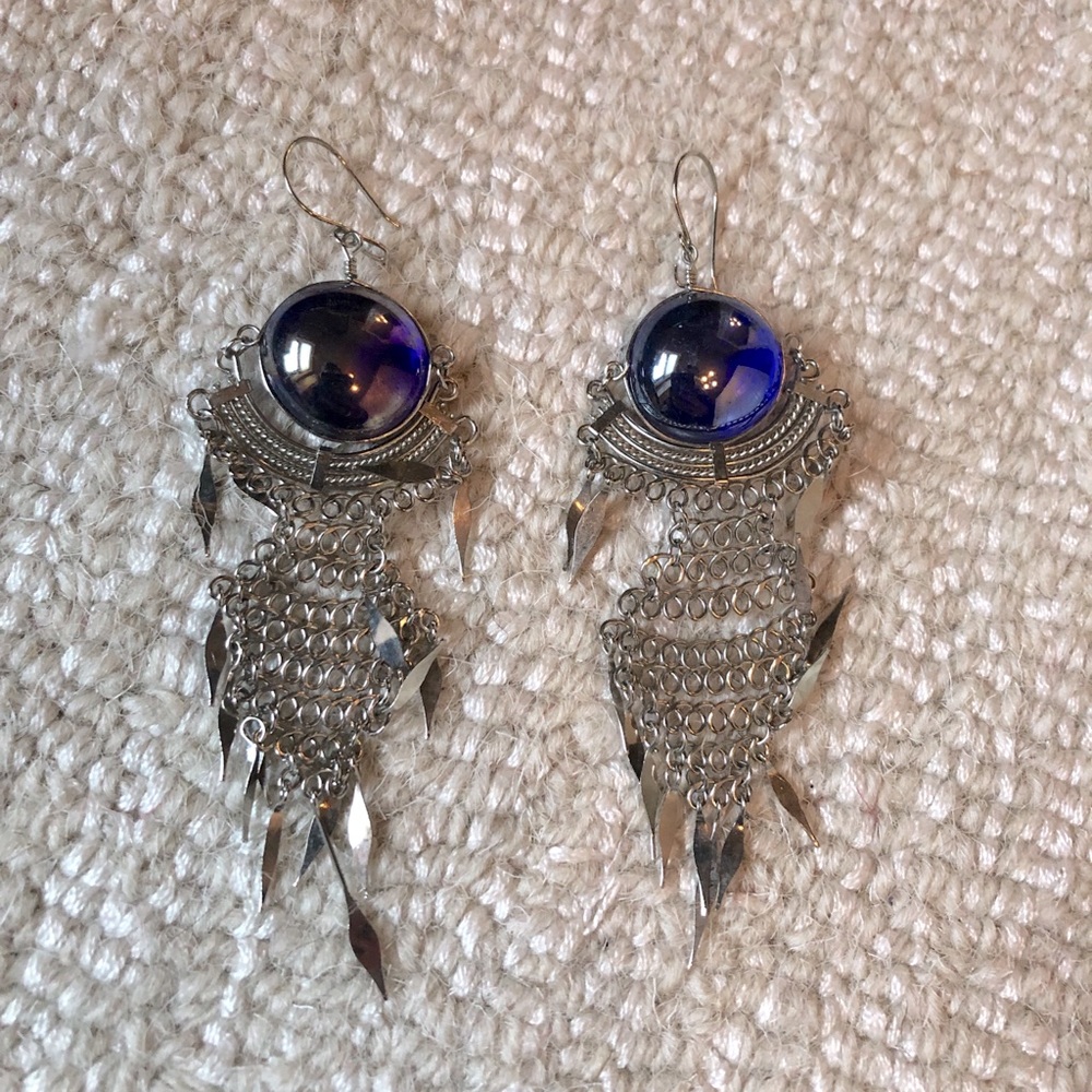 Blue Glass Bead and Silver Fringe Earrings